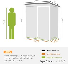 Abrigo de Jardim Exterior 1,37 m² 163x90x179 cm com Porta com Fechadura e Grelhas de Ventilação Cinzento Escuro