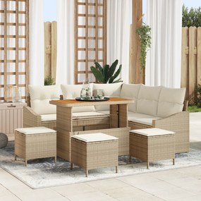 Conjunto de Sofás vidaXL 9 Peças com Almofadas Bege Rattan Poliéster Acácia