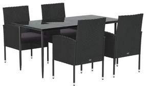 5 pcs conjunto de jantar p/ jardim c/ almofadões vime PE preto
