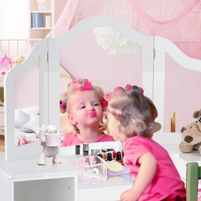 Toucador de brincar 2 em 1 desmontável com mesa de maquilhagem e secretária 4 prateleiras grandes e espelho de 3 painéis para meninas Branco