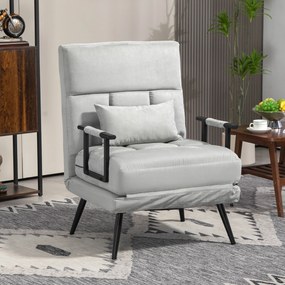 Poltrona convertível 3 em 1 em cama individual com encosto reclinável em 5 posições, braços e almofada, tecido com efeito de veludo, cinzento