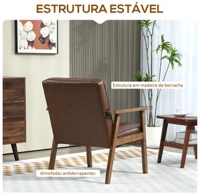 Poltrona Sala de Estar Estofada em PU com Apoio para os Braços e Estrutura de Madeira de Borracha 64x66x80 cm Castanha