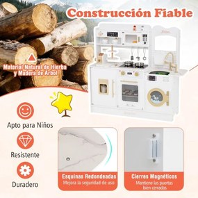 Cozinha de brincar em madeira para crianças 100 x 29,5 x 94 cm com luz, som e vários acessórios, forno micro-ondas e torneira para maiores de 3 anos,