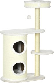 PawHut Arranhador com toca, 1 cama para gato e brinquedo para gatos, 59 cm x 35 cm x 100 cm, Creme branco | Aosom Portugal