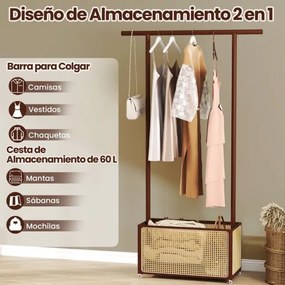 Guarda Roupa de bambu 100 x 32,5 x 172 cm Suporte para pendurar casacos com cesto de rattan para arrumação e rodas e Barra natural