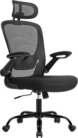 Cadeira de escritório SONGMICS, cadeira ergonômica giratória com suporte lombar acolchoado em malha, assento de 53 cm, apoio de braços dobráveis, encosto de cabeça, cor preta OBN047B01