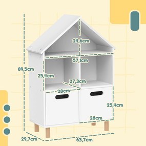 Estante infantil com 3 prateleiras e duas gavetas em forma de casa, 63,7 x 29,7 x 89 cm, branca