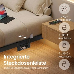 Estrutura de cama 160 x 200 cm com iluminação LED, porta USB-C e extensão (COLCHÃO NÃO INCLUIDO) Preta