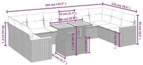 11 pcs conjunto sofás de jardim c/ almofadões vime PE cinzento