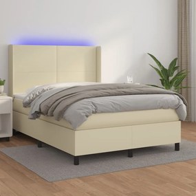 vidaXL Cama box spring c/ colchão/LED 140x200cm couro artificial creme