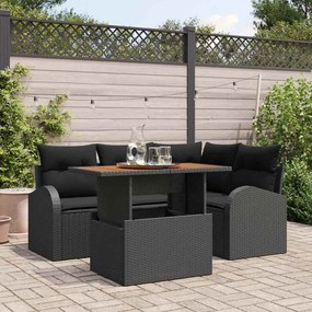 vidaXL Conjunto de Jantar de Jardim de 5 Peças com Almofadas Pretas Vime PE Acácia