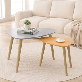 Conjunto de 2 mesas baixas encaixáveis, de design escandinavo, com pés e tampo em madeira, cinzentas e amarelas