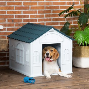 Casota para Cães 65x75,7x63 cm Casa para Cães com Janelas e Teto com Telhas de Imitação para Cães Médios Azul e Branco