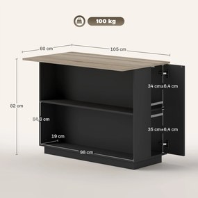 Mesa de apoio para ilha de cozinha com prateleira ajustável (BANCOS NÃO INCUIDOS), 2 compartimentos abertos, 2 armários e bancada com efeito de madeir