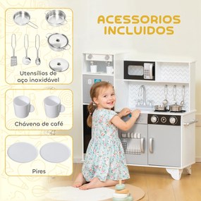 Cozinha de Madeira com Som Acessórios em Aço Inoxidável Micro-Ondas, Máquina de Gelo Cafeteira, Máquina de Lavar Loiça 79,5x24x83,8 cm Branco