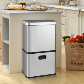 Caixote do lixo em aço inoxidável de 56 litros com sensor de movimento e 2 caixotes do lixo removíveis prateado