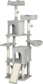 Arranhador para gatos com torre de brincadeiras: 3 plataformas, 2 compartimentos abertos, 2 camas, 2 redes e 1 escada; altura: 177 cm; cinzento claro