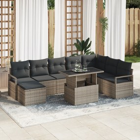 Conjunto de Sofá vidaXL 9 Peças com Almofadas Cinzento Rattan Poliéste