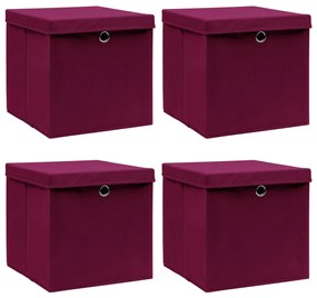 Caixas arrumação c/ tampas 4pcs 32x32x32cm tecido vermelho esc.