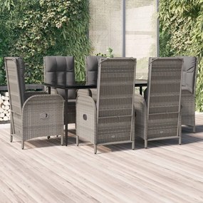 vidaXL 7 pcs conjunto jantar jardim c/ almofadões vime PE preto/cinza