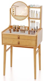 Toucador pequeno com espelho para maquilhagem 60 cm x 46,5 cm x 122 cm com 2 gavetas e prateleiras abertas Natural