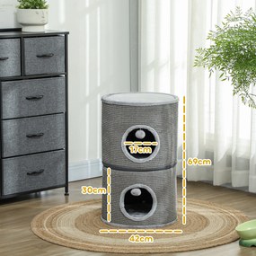 Cama para gatos modular em forma de barril com arranhador, com fecho de correr, separável, 3 níveis e duas bolas, Ø 42 x 69 cm (altura), cinzento