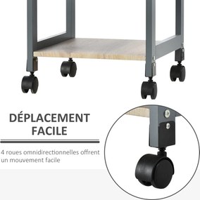 Carrinho de serviço de cozinha com rodas, 2 prateleiras + tabuleiro amovível + gaveta em madeira de pinho MDF cinzento carvalho claro