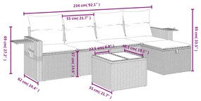6 pcs conjunto sofás de jardim c/ almofadões vime PE preto