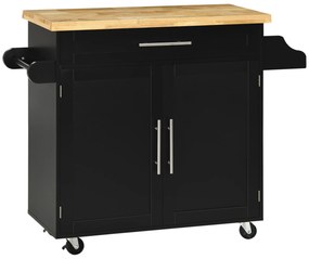 HOMCOM Ilha de Cozinha com Armário Portas e Prateleira Interior Ajustável Gaveta Barra e Suporte para Temperos Preto | Aosom Portugal