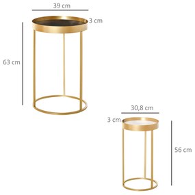 Conjunto de 2 mesas de centro modernas empilháveis ​​Estrutura metálica dourada Ø39x63 cm e Ø30.8x56 cm Parte superior preta e branca