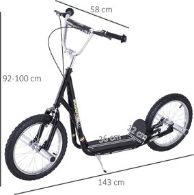 Trotinete para Crianças acima de 5 anos Scooter de 2 Rodas Grandes Insufláveis de 16 Polegadas com Freios e Guidão Ajustável em Altura 143x58x92-100cm