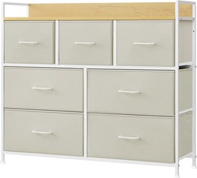 Cómoda de 7 gavetas 28,6 x 98,1 x 85,1 cm, frentes das gavetas em tecido com puxadores  creme-bege