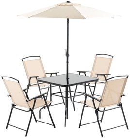 Conjunto de Móveis de Jardim com 4 Cadeiras Dobráveis Mesa de Jardim de Vidro e Chapéu de Sol Inclinável Proteção Solar para Pátio Terraço Exterior 80