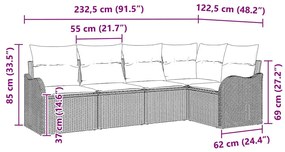 Conjunto de Sofá de Jardim 5 Peças com Almofadas em Rattan Poliéster M