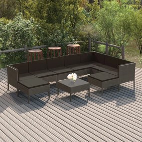 10 pcs conjunto lounge de jardim c/ almofadões vime PE cinzento