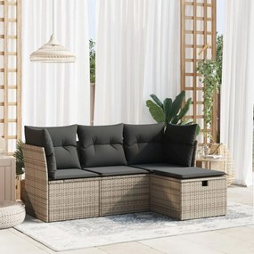 4 pcs conjunto sofás de jardim c/ almofadões vime PE cinzento