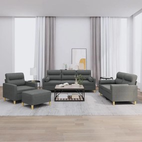 4 pcs conjunto de sofás com almofadas tecido cinzento-escuro