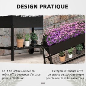 Floreira com pés para horta, 109 x 39 x 80 cm, prateleira, 2 rodas + sistema de rega em metal preto