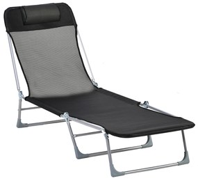 Outsunny Espreguiçadeira dobrável e reclinável de jardim com apoio de cabeça e encosto ajustável em 5 níveis Tecido textilene respirável 182x56x24,5 cm preto