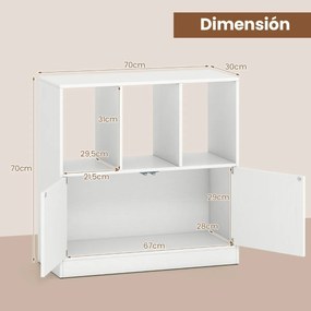 Estante de 3 cubos 70 x 30 x 70 cm com portas de 3 níveis com compartimentos abertos e armário organizador de armazenamento branco