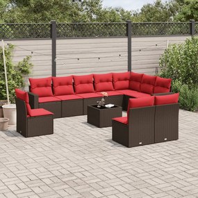 vidaXL 11 pcs conjunto sofás de jardim c/ almofadões vime PE castanho