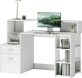 Secretária para computador, secretária com arrumação, 2 gavetas, prateleiras abertas e prateleira para impressora, 137x55x92 cm, branco