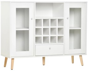 Aparador de Cozinha Armário de Armazenamento com 12 suportes para Garrafas e 3 Estantes Portas de vidro 100x33x80cm Branco