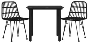 3 pcs conjunto de jantar para jardim vime PE preto