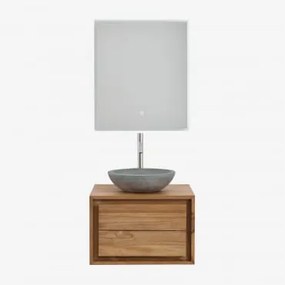 Conjunto De Móvel De Casa De Banho Em Madeira De Teca Jabari Madeira De Teca & Cimento Cinzento Redondo Ø40 Cm Tarsis & Led - Sklum