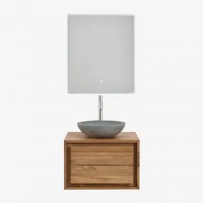 Conjunto De Móvel De Casa De Banho Suspenso Em Madeira De Teca Jabari Madeira De Teca & Cimento Cinzento Redondo Ø40 Cm Tarsis & Led - Sklum