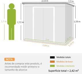 Abrigo de Jardim 213x130x173cm Abrigo de Exterior de Aço Galvanizado com Porta Corredeira e Ventilações Verde