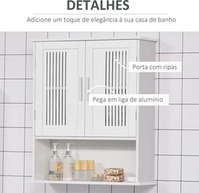 Armário de Parede Casa de Banho com Armazenamento 2 Portas em Ripas Prateleira Ajustável e Compartimento 60x20x70 cm Branco