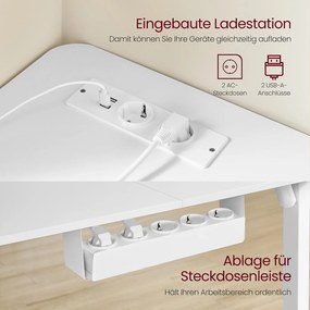 Secretária de canto em L com altura ajustável eletricamente e estação de carregamento 140 x 160 x 72–120 cm Branco