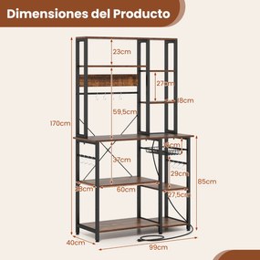 Estante de cozinha 99 × 40 × 170 cm com tomada elétrica com prateleiras abertas de madeira Ganchos e cesto Castanho rústico + preto
